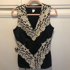 Faux Leather Crochet Detail Black &White Moto Tank